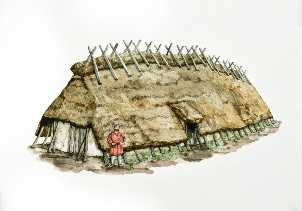 Vikingatida stolpburet hus. Akvarell av Olle Ekström. 