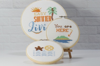 modern cross stitch kit with 3 designs. easy summer living, you are here and sea shells patterns with white fabric