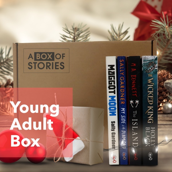 A subscription box labeled A Box of Stories stands with 4 books. The words Young Adult subscription box are superimposed.