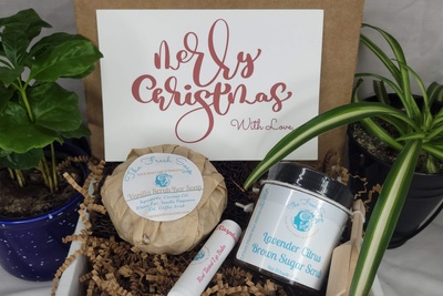 Holiday Gift Box including one soap, one lip balm, and one brown sugar scrub. One box sent every month with a new holiday card. Photo 1