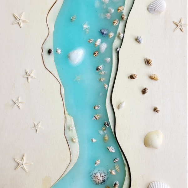 Resin River Wood Tray/Plaque with Seashells & Starfish 