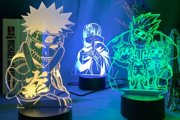 Three 3D light lamps of various anime characters.
