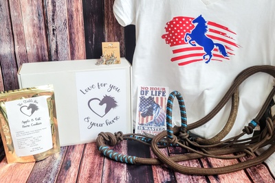 The Stable Box Subscription - horse flag graphic tee, horse treats, halter, vinyl sticker and earrings.