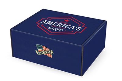 A closed, blue America's Crate subscription box.
