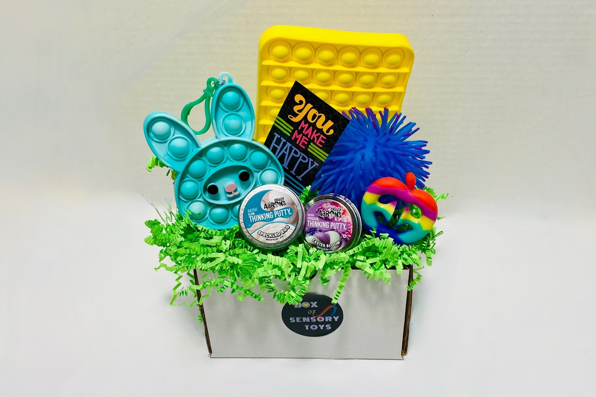 March's Easter Fidget Toy Box with colorful bubble pop, Crazy Aaron's putty, snapper, puffer ball and more