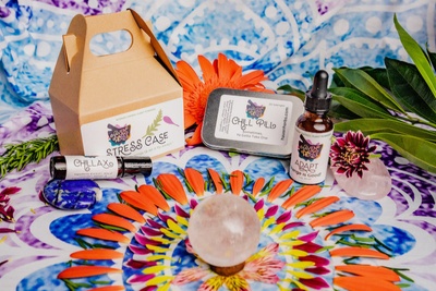 The Stress Case includes three emotional wellness products for November. Soft candies, a tincture, and an aromatherapy roll on!