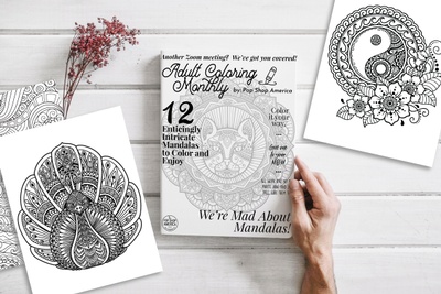 A hand holding a coloring book magazine next to some mandala coloring sheets.