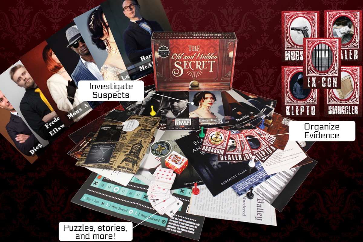 Contents of The Old and Hidden Secret murder mystery game with escape room puzzles from The Deadbolt Mystery Society