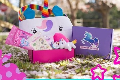 Unicorn Easter box with fun filled items including a great selection of holiday gifts and activities.