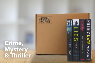 A crime, thriller and mystery book subscription box with books titled Killing Kate, Bad Sister, Lies, and The Exclusives.