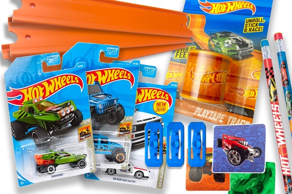 A bunch of Hot Wheels cars, tracks and related merchandise.