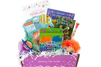 An open Sensory TheraPLAY subscription box filled with play foam putty, a squishy morph fish, a drawing guide book and more.