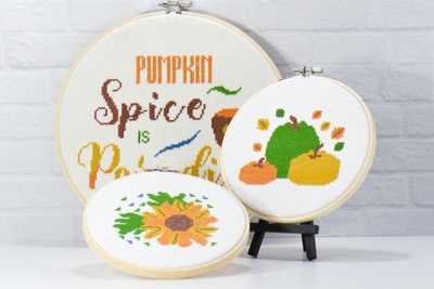 pumpkin spice is paradise counted cross stitch subscription kit with pumpkin trio and chrysanthemum flower embroidery designs for beginner.