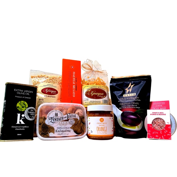 Gift with Greek delicious local products in premium wooden box for foodlovers