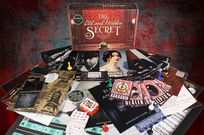A board game from the Deadbolt Mystery Society subscription box with character cards, clues and other game pieces.