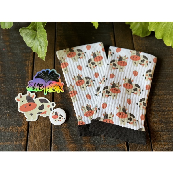 February Sub Sox (Crew Socks) - Strawberry Cows (White)