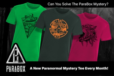 An ad for the ParaBox subscription box showing 3 shirts and the words Can you solve the ParaBox mystery?