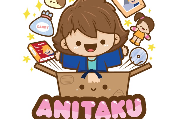 An anime girl popping out of a subscription box along with a book, a CD, a doll and a bag of candy. Below it says Anitaku..