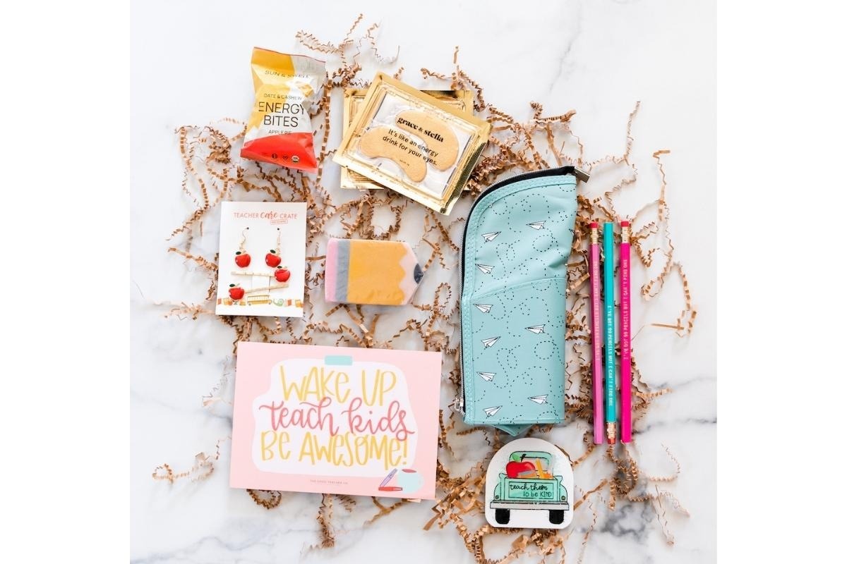 Teacher Care Crate with stationery items, teacher goodies, cute wearables, and more