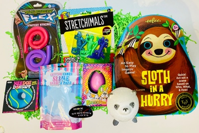 VIP Box with Eeboo Sloth in a Hurry, Hyper Flex Stretchy Strings, Cotton Candy Slime, Stretchimals, NeeDoh Dohnuts, Grow Egg, Woo Animal Puf