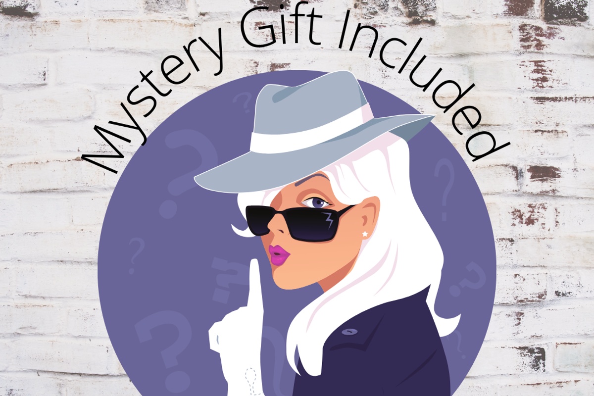 A drawing of a woman with white hair, wearing a fedora with her finger at her lips, with the words Mystery Gift Included.