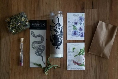 Items from a RitualCravt School subscription box including a pack of herbs, flower seeds, a snake temporary tattoo and more.