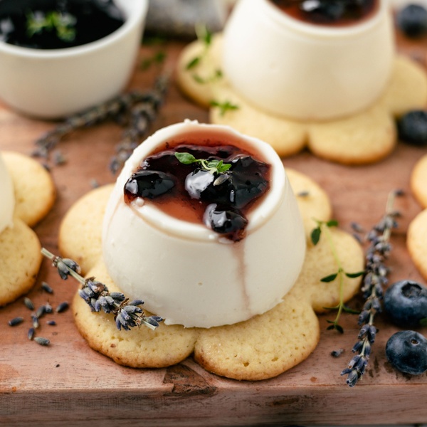June 2023-Lavender Panna Cotta with Lemon Cookies and Blueberry Compote