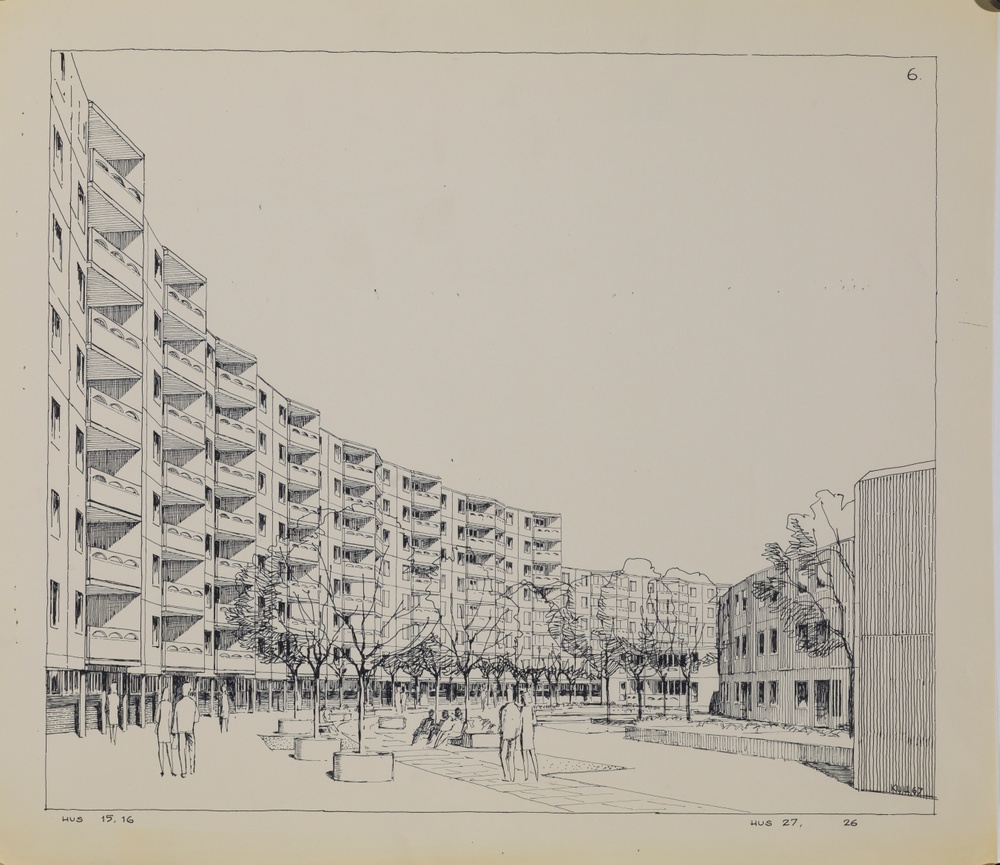Gustav Kull, Illustration. Eric Ahlin, arkitekt
Navestad, bostadsområde i Norrköping, 1967 
Bläck på papper. ArkDes samlingar
