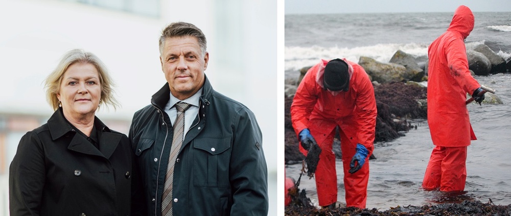 Porträttbild på landshövdingen och försvarsdirektörn och en bild på två personer som sanerar olja på en strand.