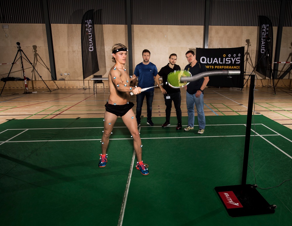 Qualisys Motion capture measurement of young man playing badminton