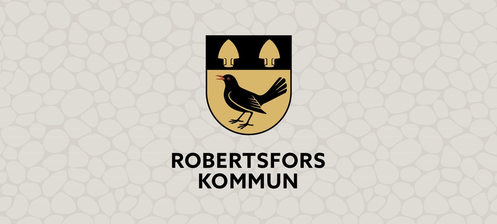 Robertsfors kommuns logga på grå bakgrund med stenmönster.