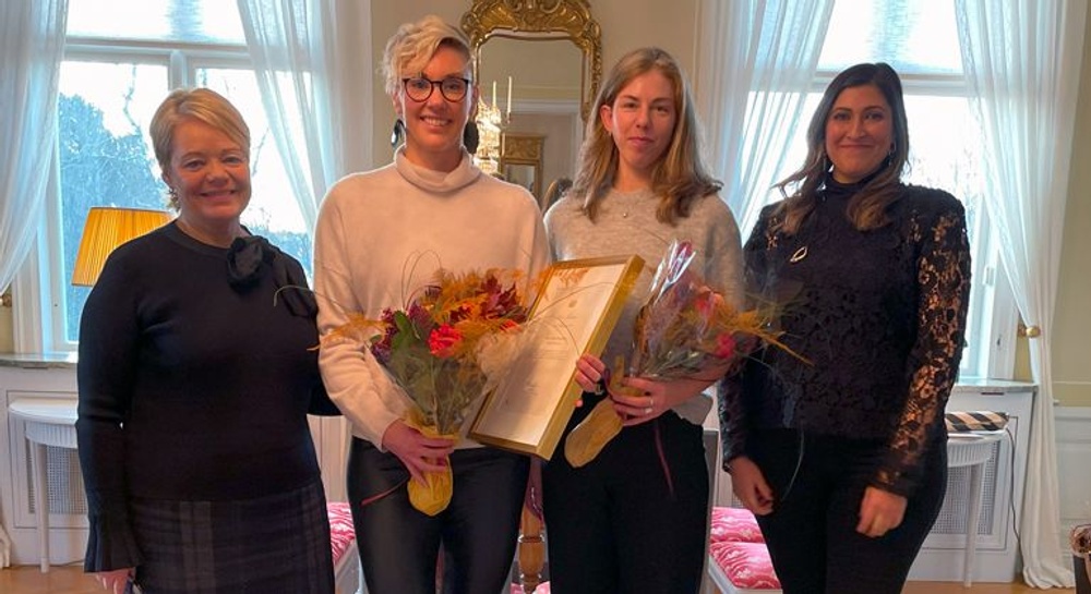 Från vänster: Landshövding Lotta Finstorp, Årets Mentor Karin Sjöö Åkeblom, adepten Ellen Dyverfeldt och Glenda Fors, verksamhetsledare NyföretagarCentrum Nord.