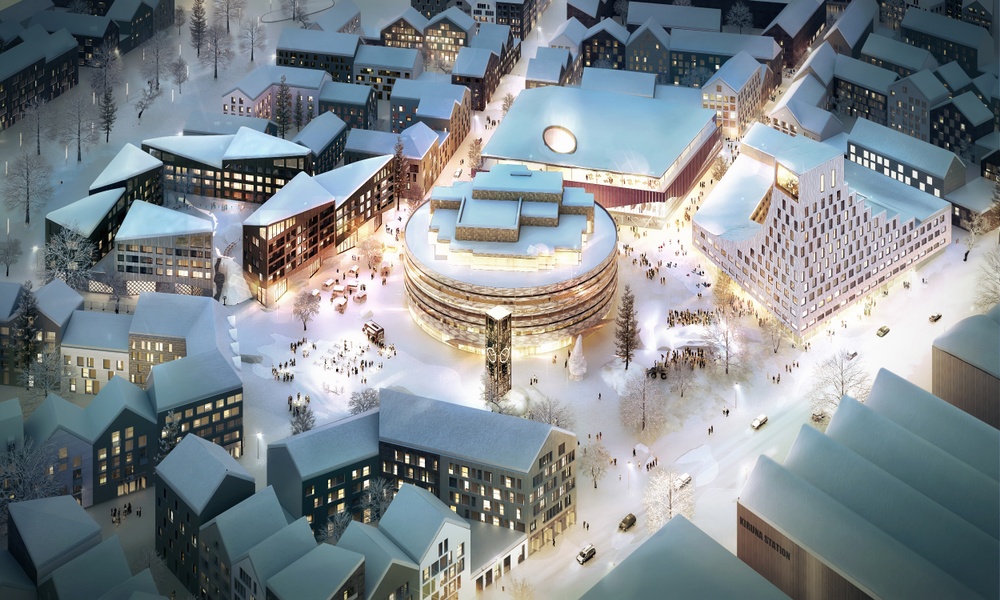 Kiruna. Kjellander Sjöberg. Visualisering av Kirunas nya stadskärnan som inkluderar det nya stadshuset, kulturcentret, bostäder och rekreationsområden. 
