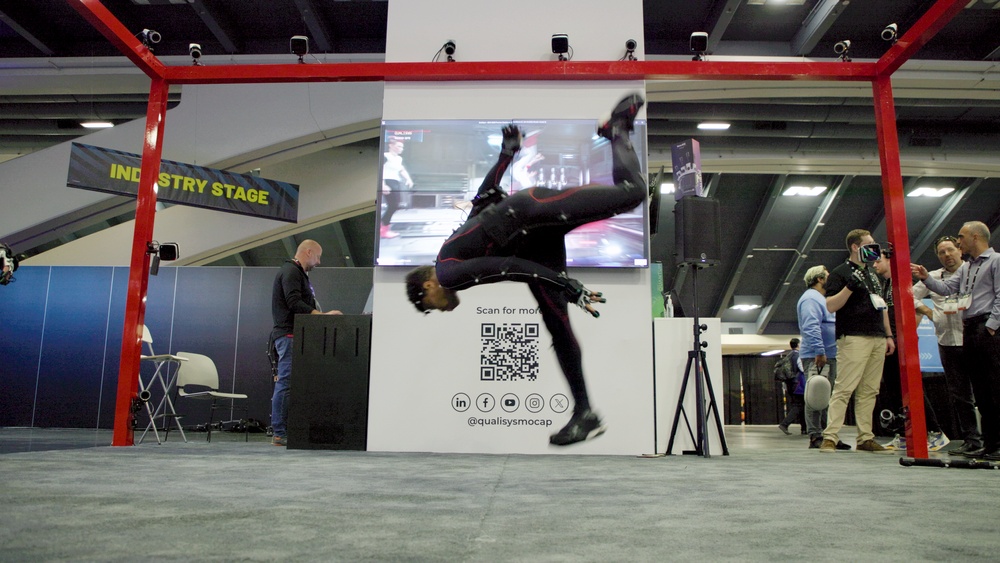 Mocap Actor, Phillip "Fury" Wainwright flips into action at the Qualisys booth during GDC 2024
