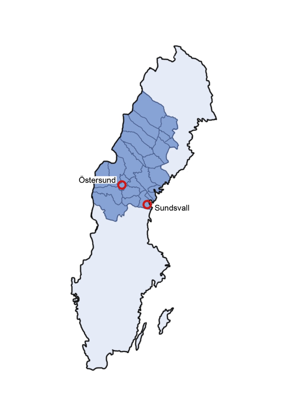 Karta över de kommuner som Räddningsregion MittNorrland omfattar.
