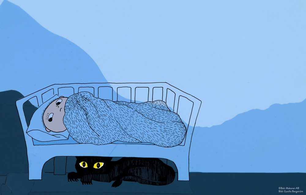 Illustration av Gunilla Bergström, ur Alfons och odjuret (1978).
Alfons Åberg ligger vaken i sin säng. Under sängen lurar ett odjur. 