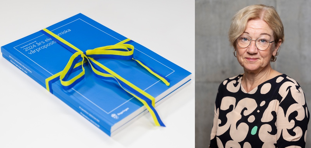 Collage av budgetproposititionen och Johanna Hållén.