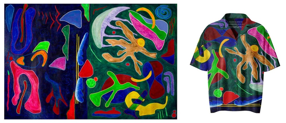 The colorful, Modernist painting by Michel Deville inspired by the the underwater world and a short sleeved silk shirt with the same motif by designer Ricardo Bernardino.