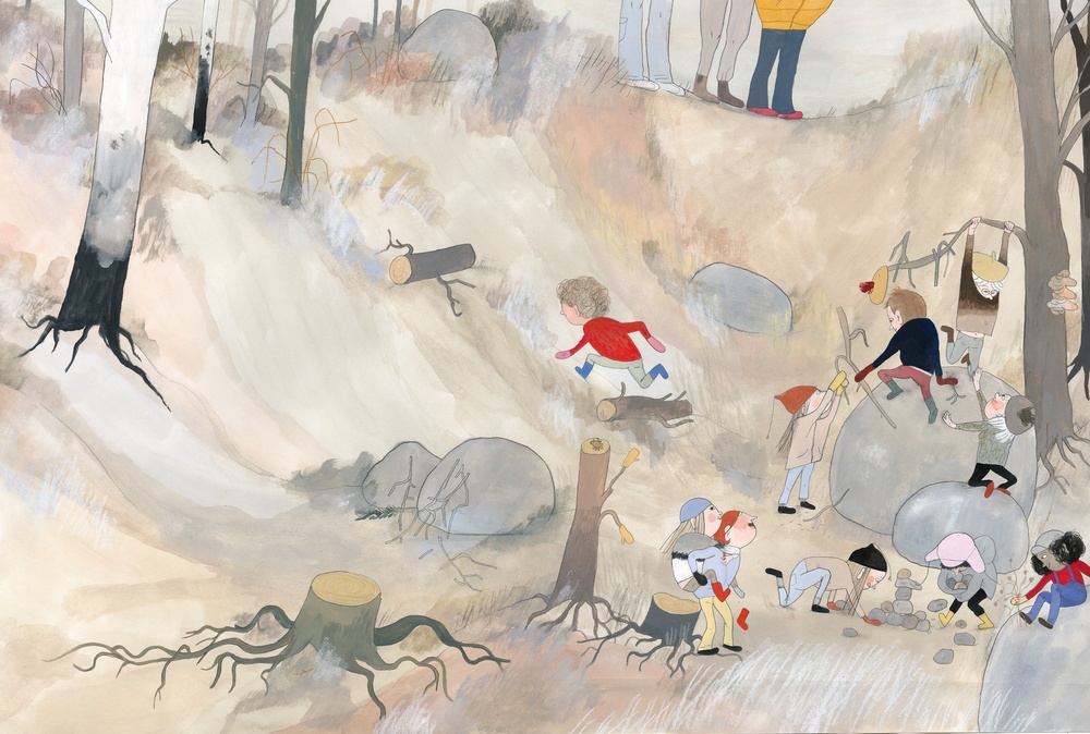 Omslagsbild av Emma AdBåge till boken Gropen, 2018.
Barn leker i en grop, vuxna tittar på. 
