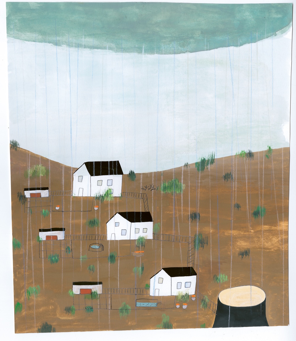Illustration av Emma AdBåge till boken Naturen, 2020.
Hus i regnväder på en brun yta utan träd. 