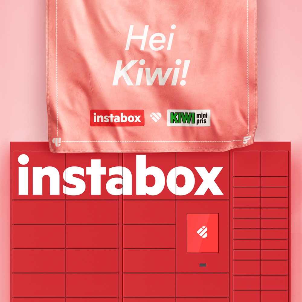 Picture of Instabox locker with a banner showing collaboration between Kiwi and Instabox and the text "Hei Kiwi" 