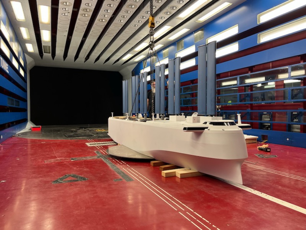 Picture of the vessel model in the wind tunnel