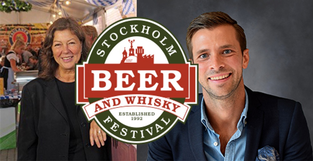 Bild visar Marianne Wallberg, Gabriel Börjesson och Stockholm Beer & Whiskey's logga