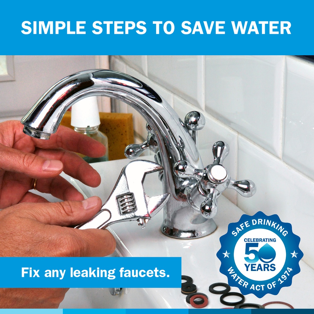 Simple steps to save water: Fix any leaking faucets. 