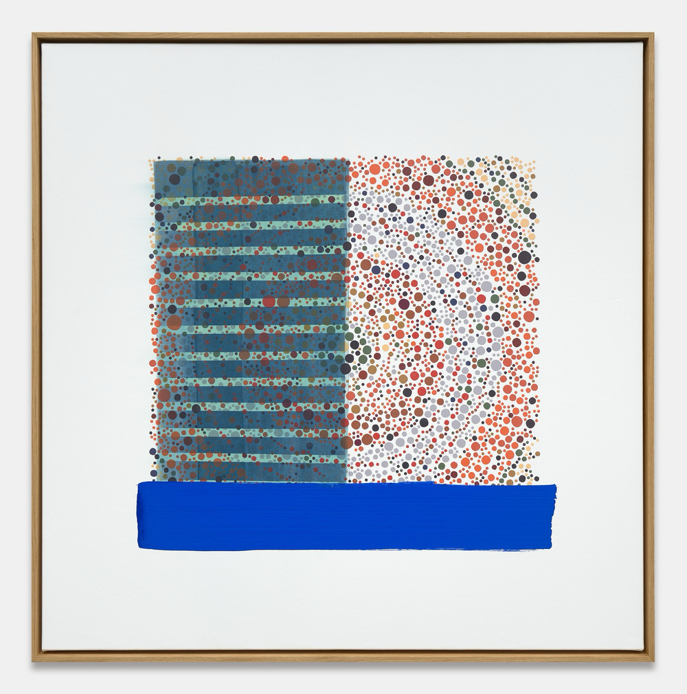 Abstract painting by David Elia with dots and grids. The title, Handroanthus Impetiginosus, is the botanical name for the Pink Trumpet Tree, native to the Americas.