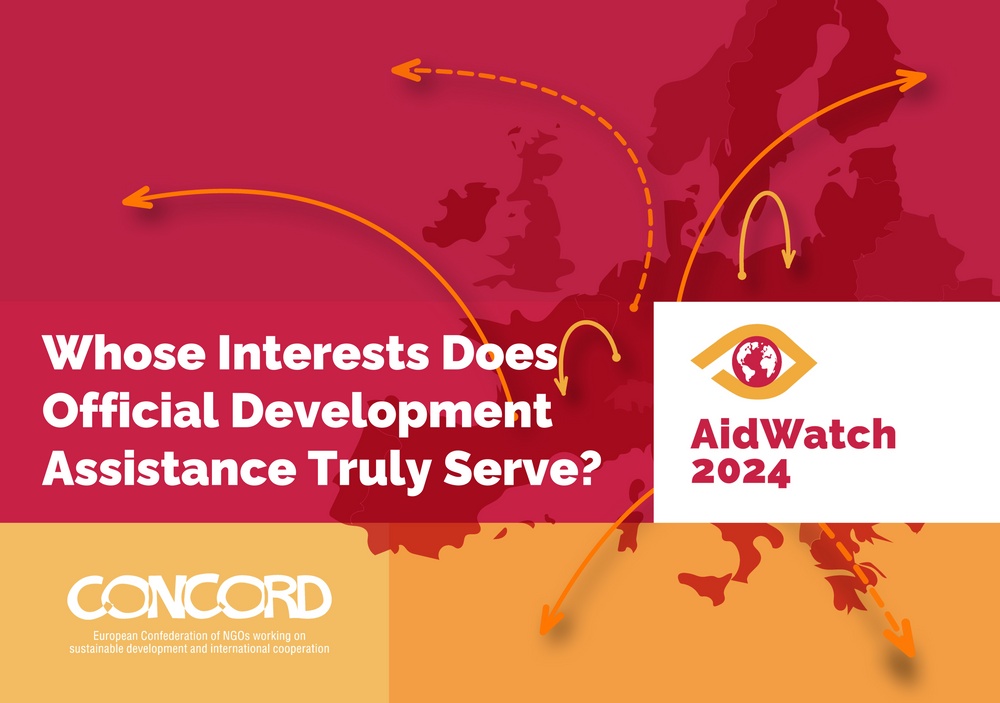 The cover of the AidWatch report 2024 saying "Whose Interests Does Official Development Assistance Truly Serve?"