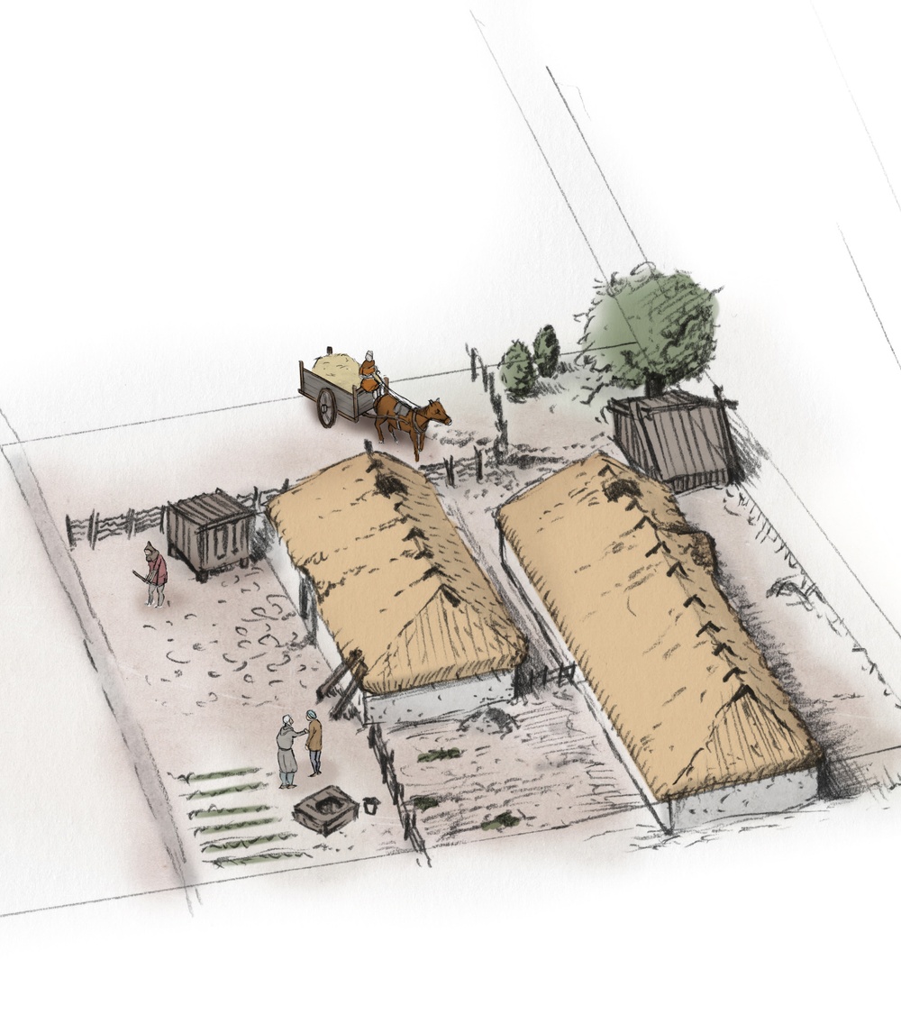 Den äldsta mer påtagliga spåren inom undersökningsområdet tyder på att en gård byggdes upp kring år 1000. Det fanns lämningar efter tre byggnader, en brunn och några latringropar. Illustration: Petter Lönegård. 