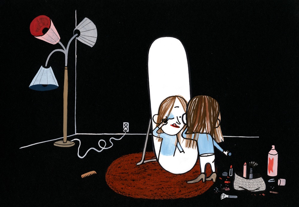 Illustration av Emma AdBåge till boken Nu är det sent, 2015
Barn sminkar sig i mörkt rum