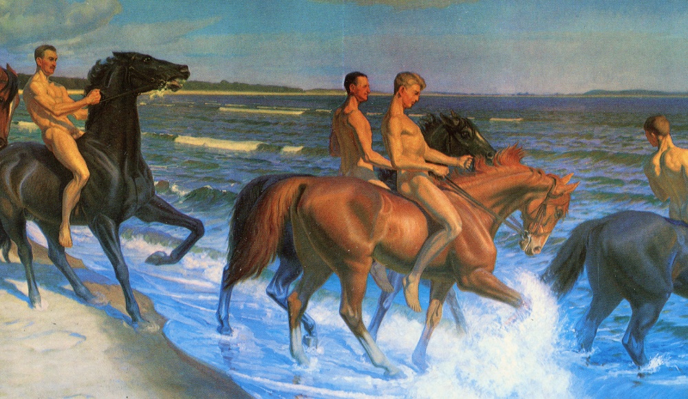 Skånska dragoner rida till bad, Oscar Matthiesen, 1906. Nakna dragoner tar sina hästar ner till vattnet för att bada i havet längs sydkusten.