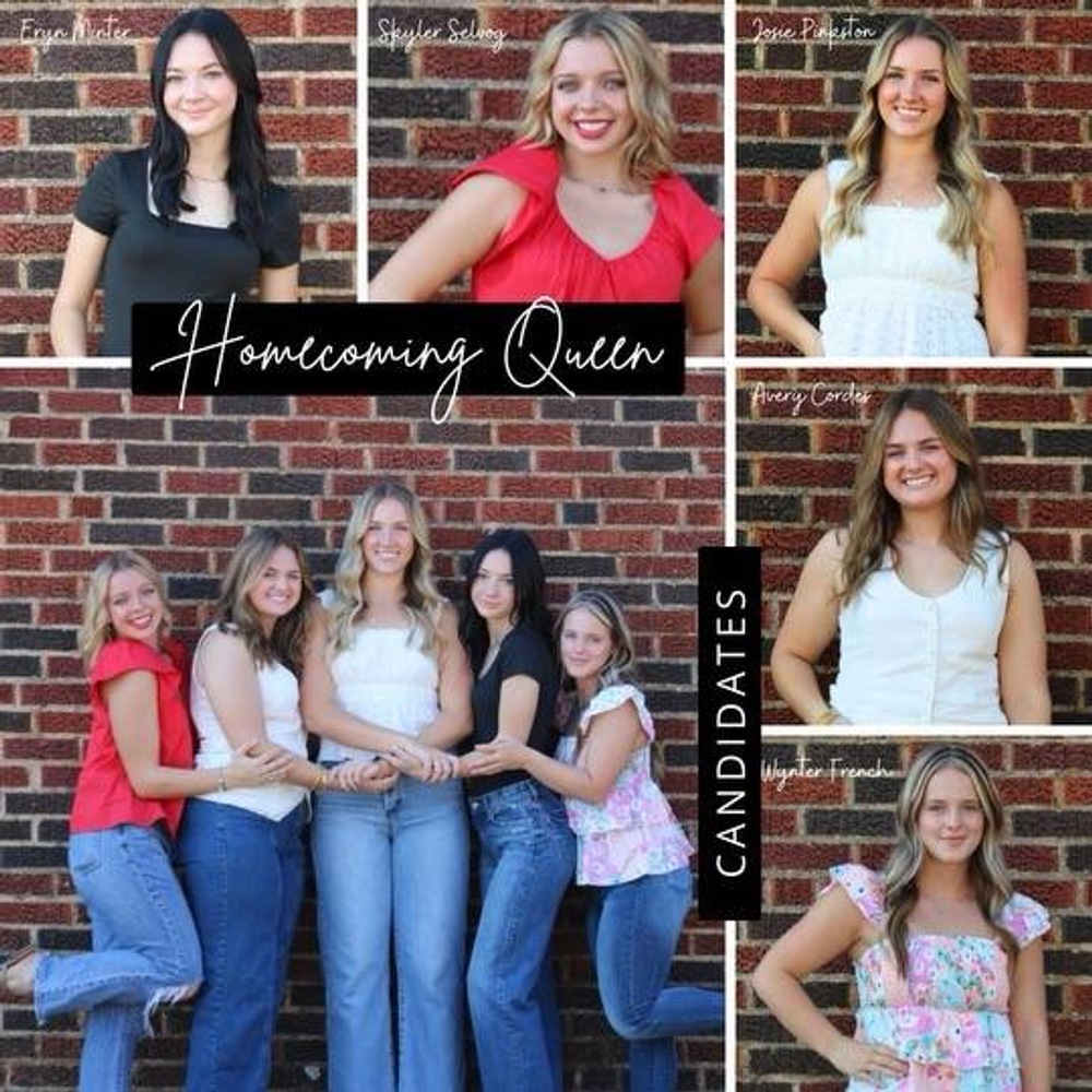 Graphic with a group of girls dressed in jeans standing in front of a brick wall with individuals photos of the same girls above and to the right.